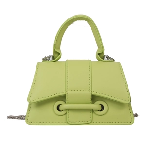 Minimalist lime green leather satchel bag with crossbody chain and top handle strap