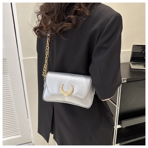 Close-up of silver textured leather bag with gold crescent moon buckle and chain strap