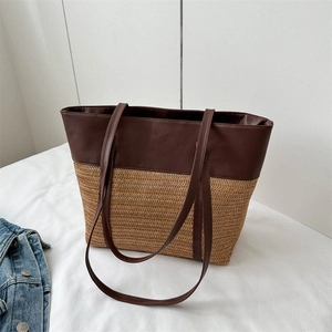 Women Fashion Patchwork Straw Tote Bag Large Capacity Synthetic Leather Shoulder Bag Casual Commuter Beach Handbag For Vacation