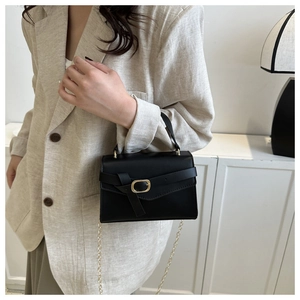 Detail of a black leather handbag featuring a gold oval buckle and metallic chain strap
