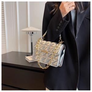 Detailed macro view of silver quilted handbag featuring metallic texture and gold chain link