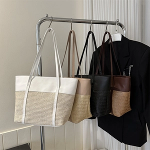 Minimalist woven straw tote bag with faux leather patchwork in four chic colors
