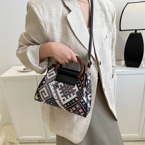 Ethnic style woven geometric handbag with wooden handle and leather strap for women