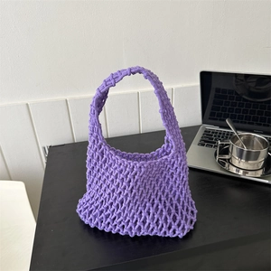 Hand-woven Straw Mesh Handbag For Women Handmade Hollow Out Summer Beach Vacation Wristlet Bag Boho Style Woven Tote
