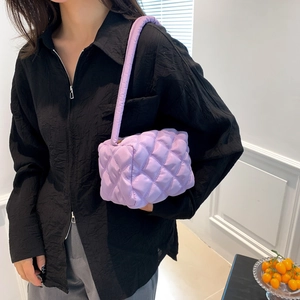 Stylish purple quilted nylon crossbody bag featuring a padded diamond lattice texture