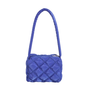 Quilted royal blue nylon shoulder bag with elegant diamond stitching and padded strap