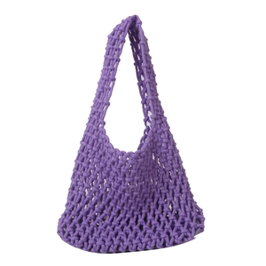 Handwoven purple cotton rope mesh handbag with a bohemian hollow crochet bucket design