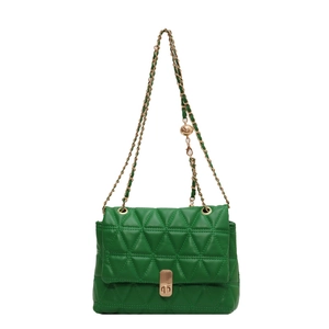 Green quilted leather crossbody bag with adjustable gold chain strap and turn-lock closure
