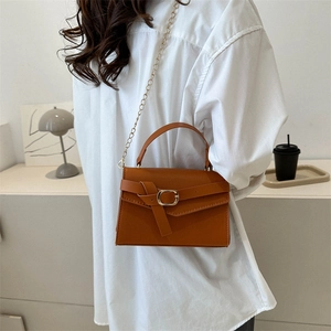 Brown orange square leather handbag with gold chain strap and top handle for women