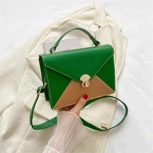 Women Patchwork PU Leather Shoulder Bag Contrast Color Small Square Crossbody Bag With Metal Lock Handle Casual Tote Bag