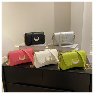 Group shot of stylish women's shoulder bags in five colors with crescent metal buckles