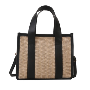 Borsa tote alla moda in paglia con finiture in pelle nera e tracolla rimovibile