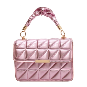 Metallic pink quilted handbag with ruched handle and elegant gold chain strap