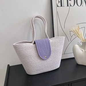 Summer Woven Straw Tote Bag For Women Large Capacity Shoulder Bag With Lace Bow Decor Elegant Handmade Vacation Handbag