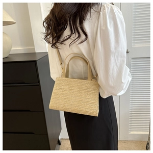 Straw woven crossbody handbag shown on model in a minimalist indoor setting
