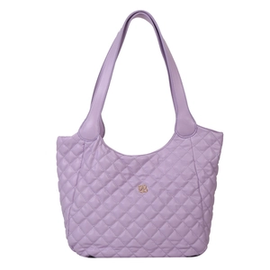 Lavender quilted tote bag with diamond pattern and gold clover logo in a clean front view