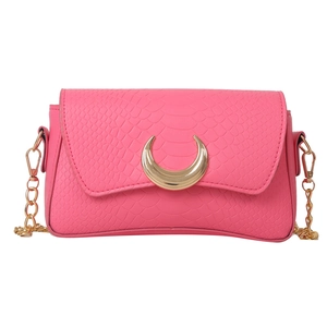 Pink snake skin crescent moon shoulder bag with gold chain strap for women