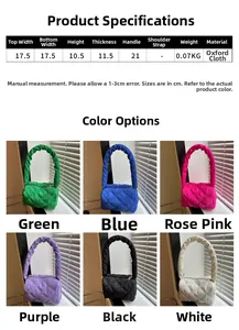 Size chart for diamond-quilted oxford cloth mini handbags in six vibrant colors