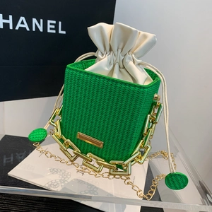 Women Woven PU Leather Bucket Bag Chunky Chain Square Box Shoulder Crossbody Handbag With Drawstring Inner Pouch Daily Casual