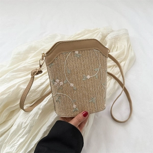 Women Summer Straw Woven Embroidered Bucket Bag Floral Pattern Crossbody Shoulder Bag Small Square Bag For Vacation Beach