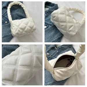 Detailed four-angle view of white quilted hobo bag showing PU leather and capacity