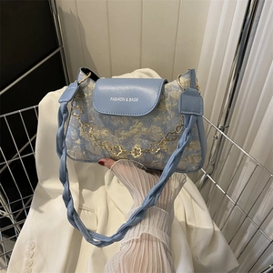 Sac à Épaule Vintage Français en Jacquard Floral pour Femmes Mode en Cuir PU Sac Sous le Bras Avec Chaîne en Métal à Fleurs