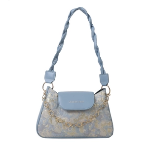 Blaue Jacquard-Unterachseltasche mit goldenem Blumenmuster und Metallkette