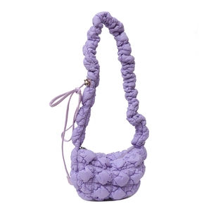 Lavender purple ruched cloud tote bag with puffy quilted texture and wide shoulder strap