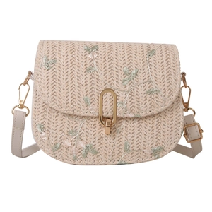 Beige woven saddle bag with floral embroidery and adjustable strap for summer style