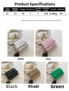 Detailed view of quilted bubble shoulder bags in multiple colors with gold chain straps