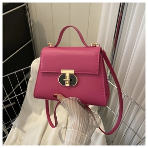 Dettaglio borsa a trapezio rosso rosa con chiusura a T in metallo dorato e manico