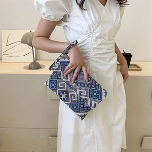 Ethnic geometric jacquard envelope clutch bag with gold flower buckle for women