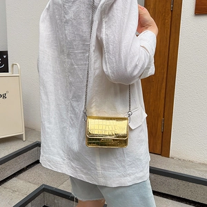 Golden crocodile pattern chain crossbody bag with metallic finish for summer fashion