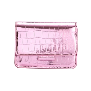 Pink metallic faux crocodile leather crossbody bag with silver chain strap for women