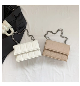 Detailed flat lay of quilted flap handbags in white and beige with metal chain straps