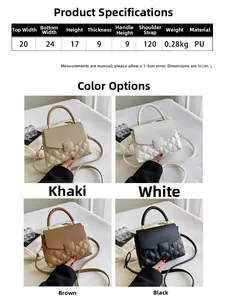 Tableau des tailles et couleurs pour le sac à main en cuir PU matelassé avec dimensions