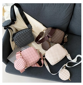 Detailed view of stylish crossbody bags in four colors with round coin purses and patterns