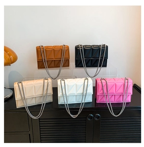 Detailed display of rhombic quilted chain bags in various colors with metal straps