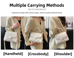 Détail montrant trois façons de porter le sac matelassé blanc : main, bandoulière ou épaule