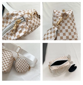 Detailed four-grid view showing golden zippers, strap hooks and inner pocket of floral bag