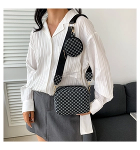 Detail view of printed small square crossbody bag with a round coin purse on a wide strap