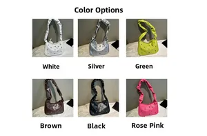 Detailansicht der Schultertaschen in Weiß, Silber, Grün, Braun, Schwarz und Rosa im Überblick