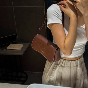 Fashionable brown crocodile pattern underarm bag for women with gold logo and shoulder strap