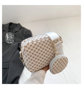 Detail view of cream crossbody bag with geometric prints, coin pouch and golden hardware