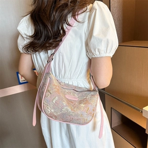 Pink silk embroidery dumpling crossbody bag for women with floral pattern and leather strap