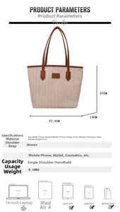 Detailed size chart for large straw tote bag showing dimensions and device compatibility