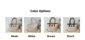 Detail showing woven tote bags in khaki, white, brown, and black color options
