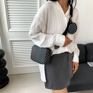 Fashionable black and grey geometric textured crossbody bag set with wide shoulder strap