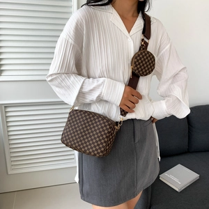 Vintage brown patterned crossbody bag set with wide strap and round coin pouch