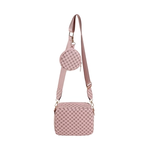 Pink printed crossbody bag set with wide shoulder strap and round coin purse for women